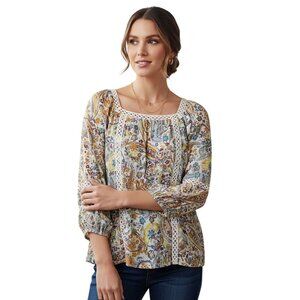 Zac & Rachel Top Small Boho Chic Floral Paisley Lace Trim Peasant 3/4 Sleeve